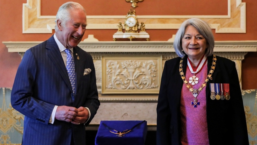 image of King Charles stands next to Canada's Governor General Mary Simon